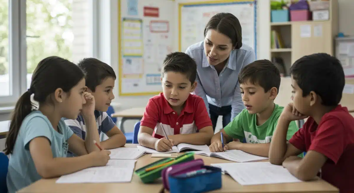 Diverse elementary students collaborating in a modern classroom, emphasizing quality education.