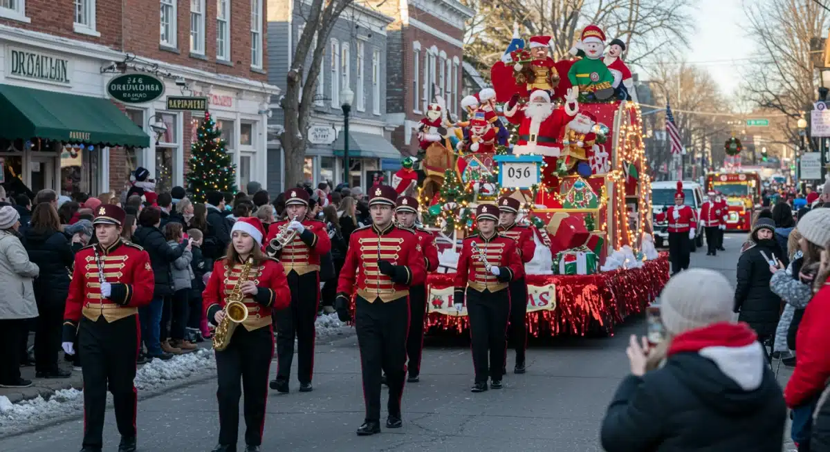 Christmas parade with festive floats and happy crowds, a cherished US holiday tradition.