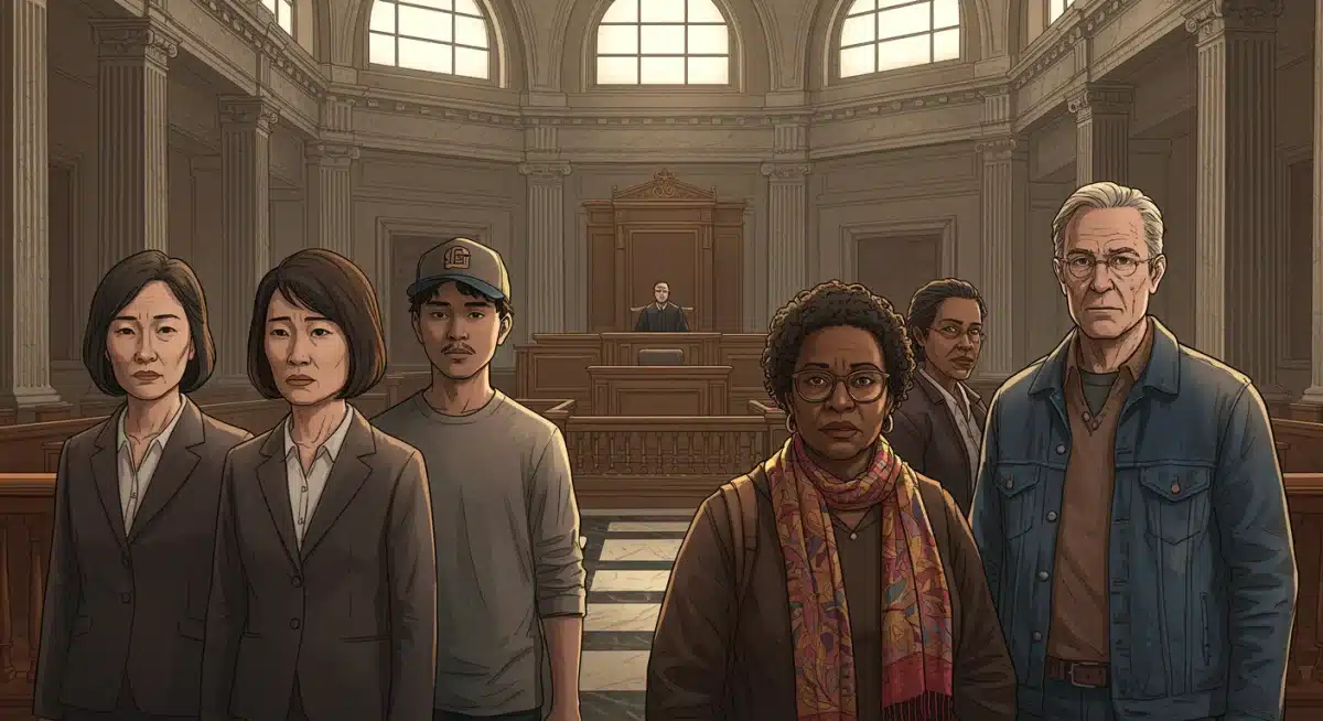 Citizens in a courthouse, symbolizing participation in the legal system.