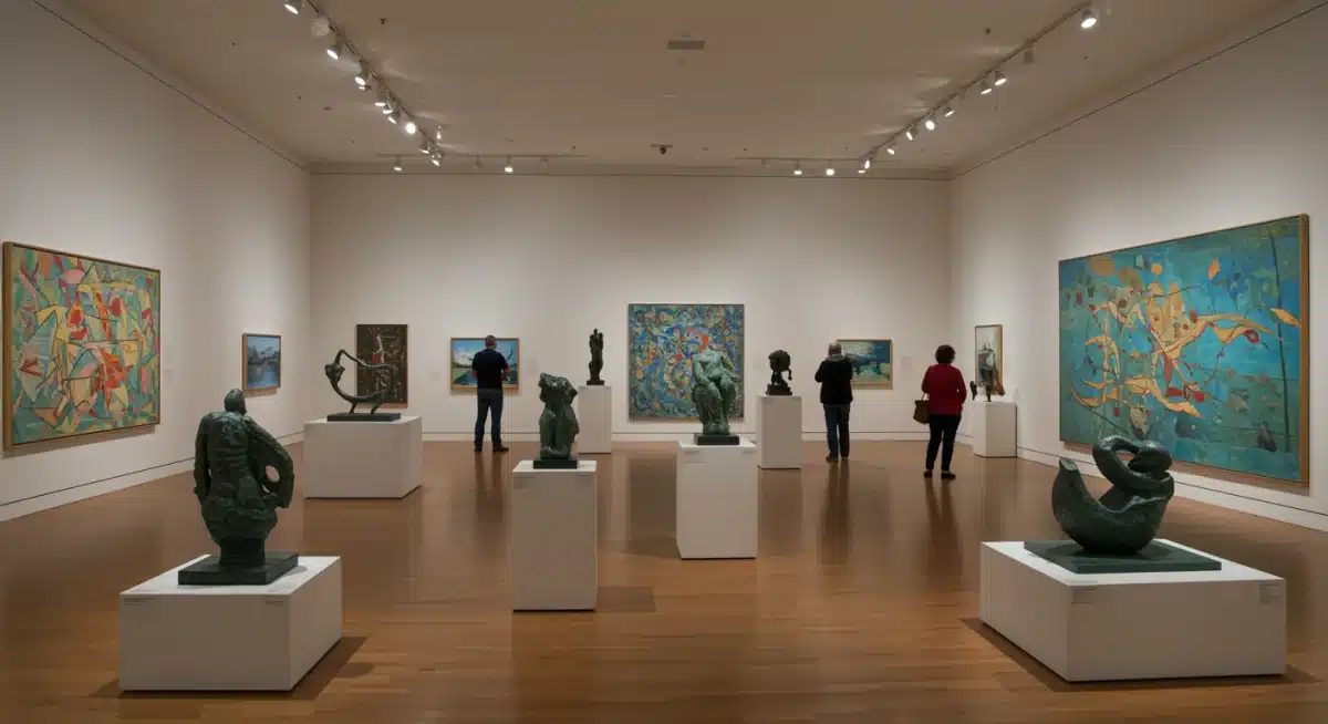 Contemporary art gallery with sculptures and paintings