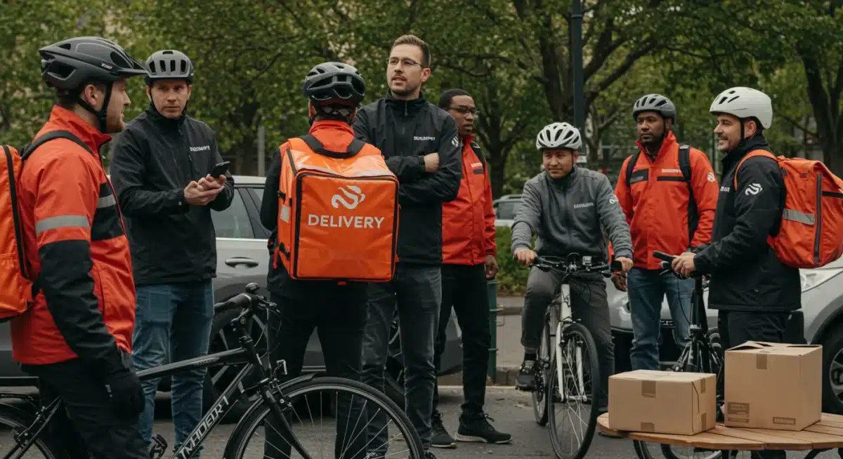Group of delivery drivers sharing tips and experiences.