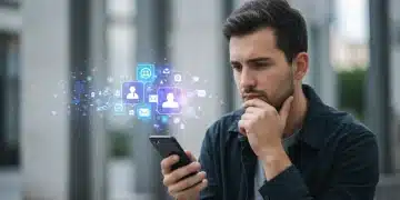 Distressed person holding smartphone, social media anxiety