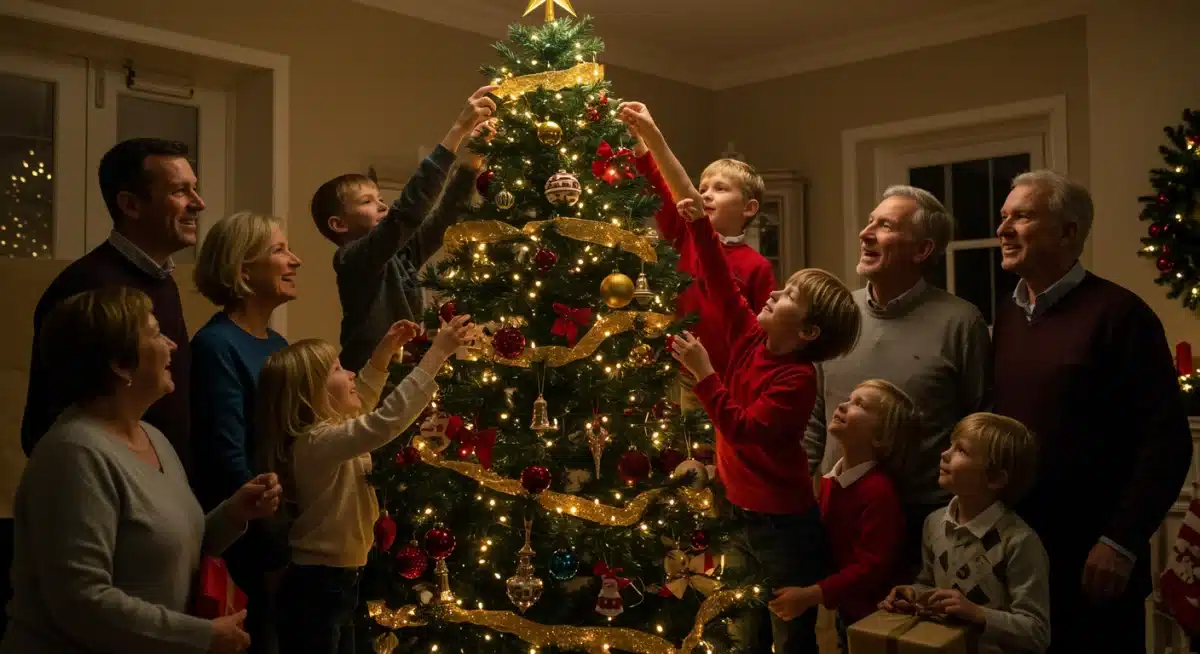 Family decorating a Christmas tree, creating lasting holiday memories together.