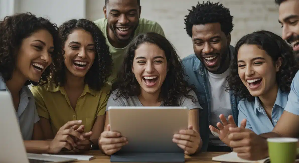 Diverse group reacting to viral video content together