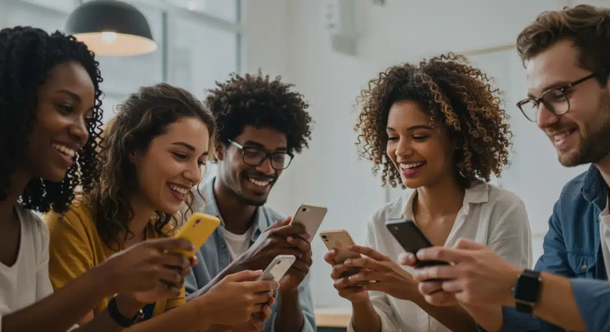 Diverse group engaging with social media on phones, symbolizing community