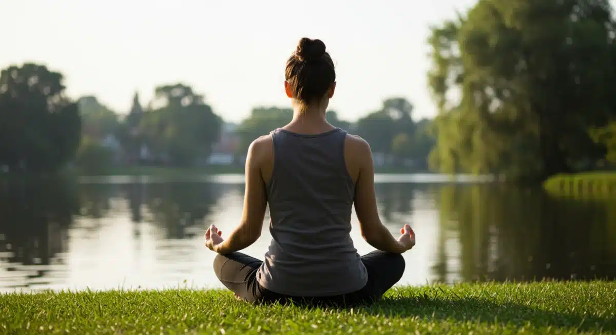 Person meditating outdoors, embodying mindfulness and calm