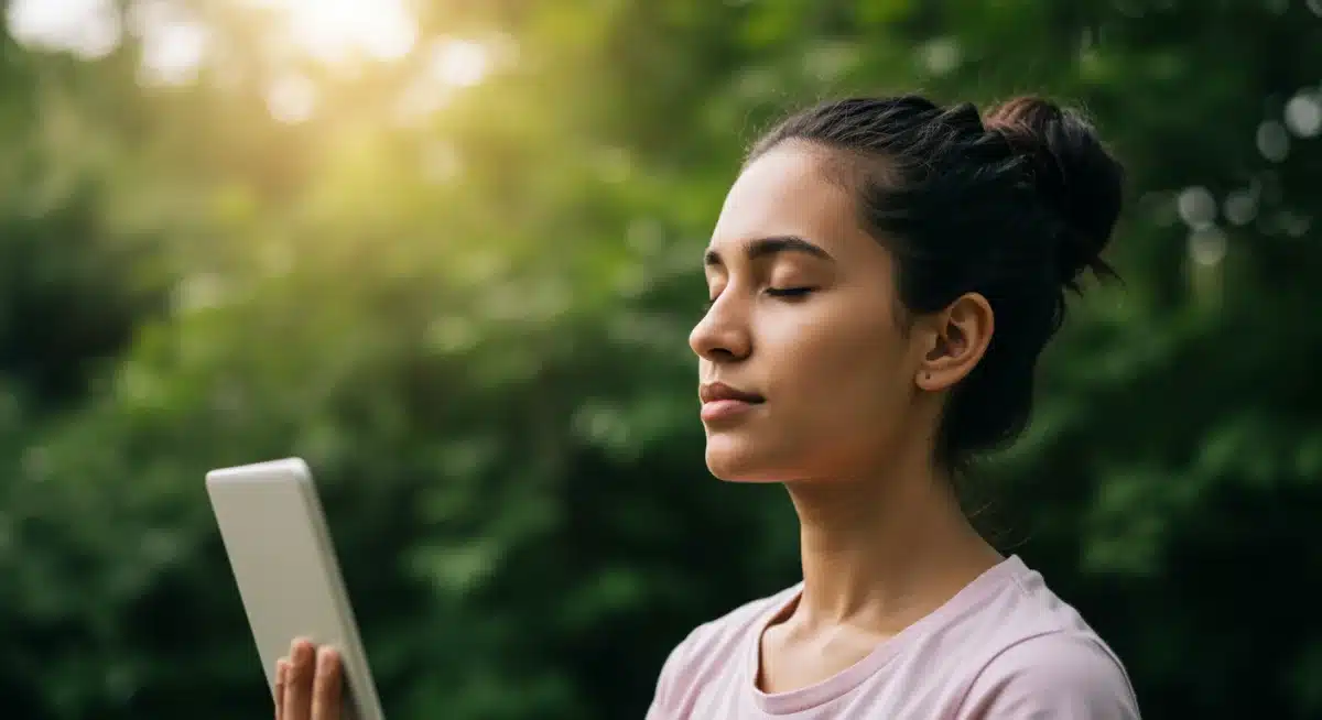 Person meditating outdoors, digital detox and mental well-being