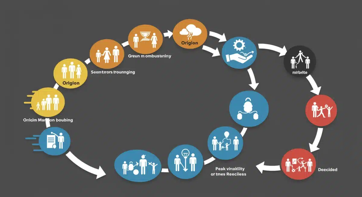 Infographic showing meme lifecycle: origin, spread, virality, decline.