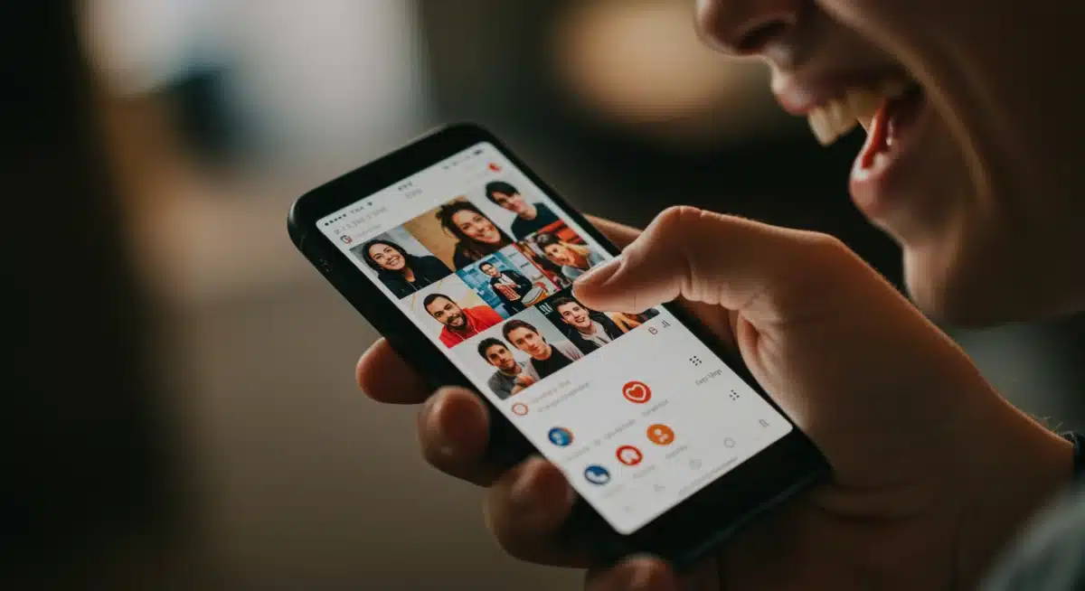 Person laughing at meme on smartphone, engaging with social media.