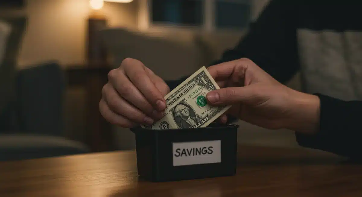 Hands placing money into a savings lockbox for an emergency fund.