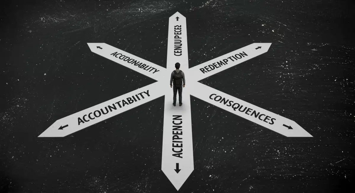 Person contemplating paths of accountability and free speech