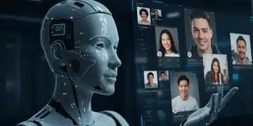 AI influencer engaging with a diverse audience on social media, showcasing the blend of digital and human interaction.