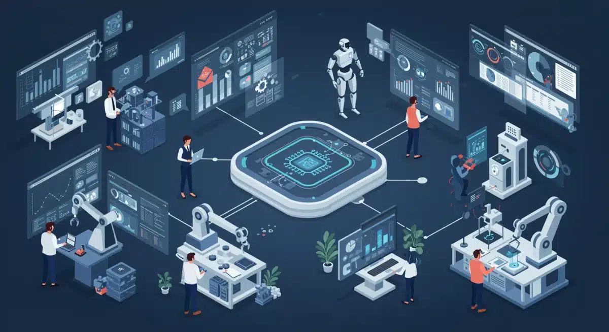 Artificial intelligence tools and robots integrating seamlessly into human workflows in a contemporary office setting.