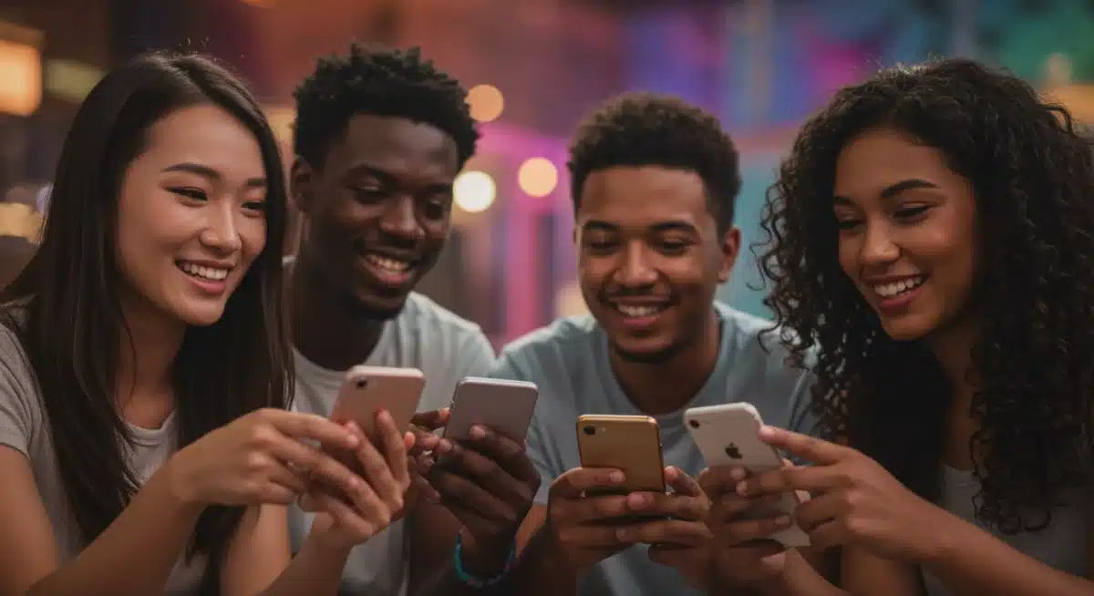 Young adults enthusiastically engaging with a new app on their smartphones in a social gathering.