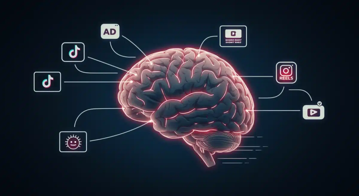 Brain processing micro-content in short bursts, showing efficiency in consuming brief digital information.