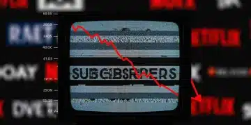 Declining cable TV subscriber graph with fragmented screen