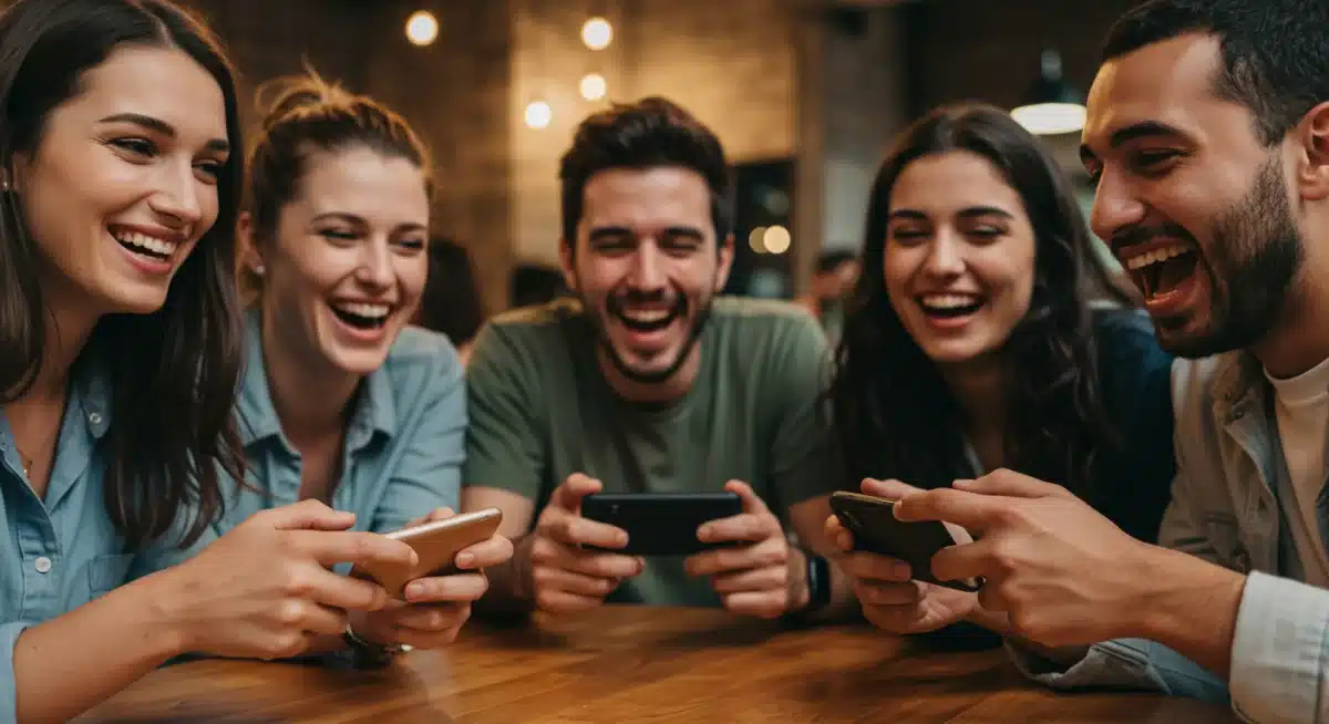 Friends enjoying casual mobile games on their smartphones in a cafe, highlighting social gaming.