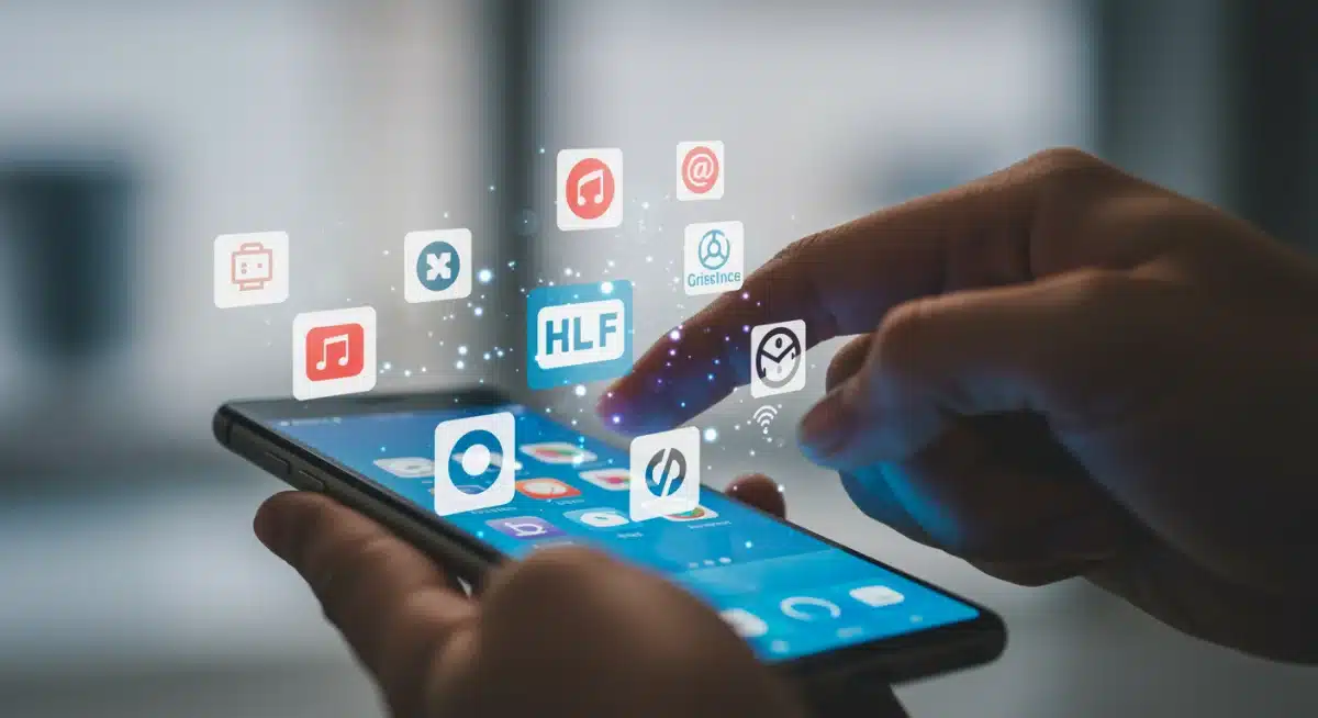 Smartphone showing freelance platform apps, hand navigating options.