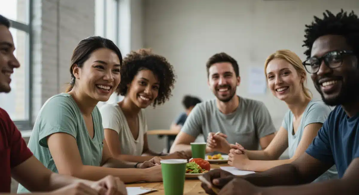 Diverse group of people smiling and interacting, showcasing social benefits of gratitude