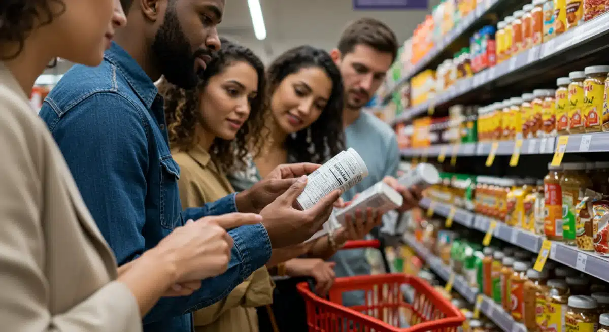 Consumers examining new food labels in a grocery store aisle.