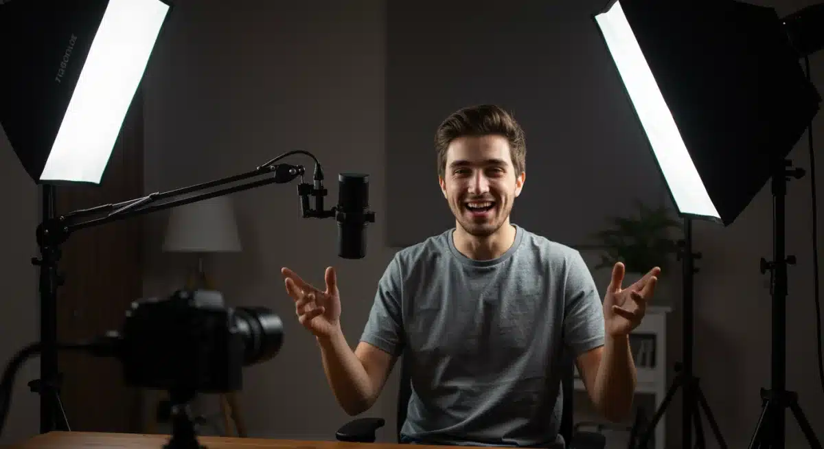 Content creator engaging with an audience during a live stream from a home studio, showcasing professional setup and authentic interaction.
