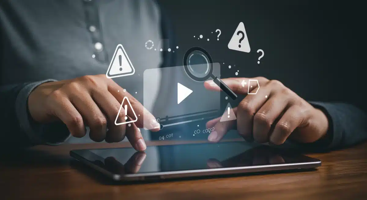 Person analyzing video for deepfake signs and disinformation