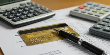 Credit card, calculator, and financial statement on a desk, representing interest rate negotiation and savings.