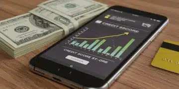 Credit score chart on phone with bills and credit card, representing financial improvement.