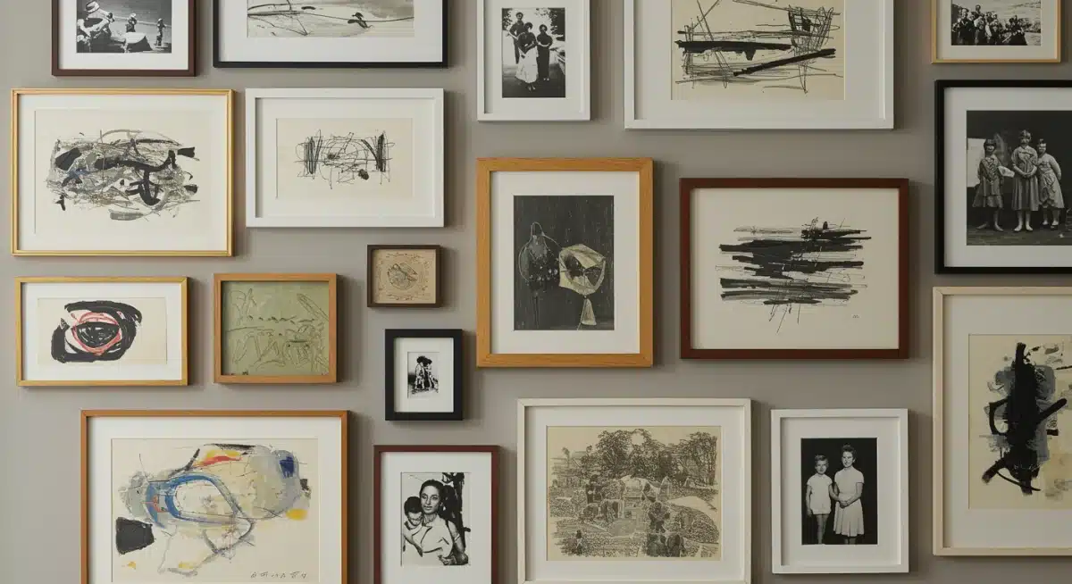 Curated gallery wall with abstract art and personal photos