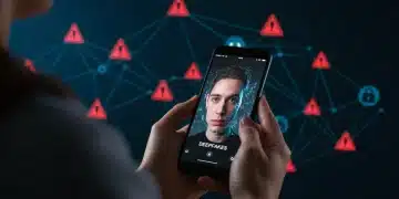 Digital illustration of deepfake threats and online scam prevention