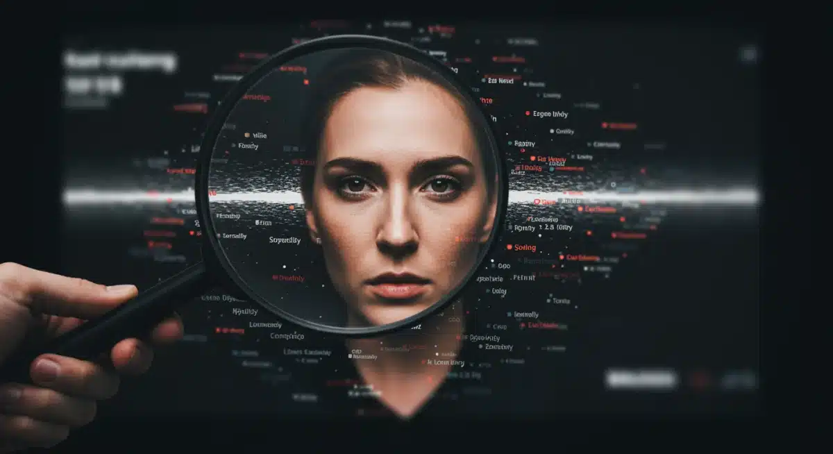 Magnifying glass scrutinizing public figure amidst digital noise