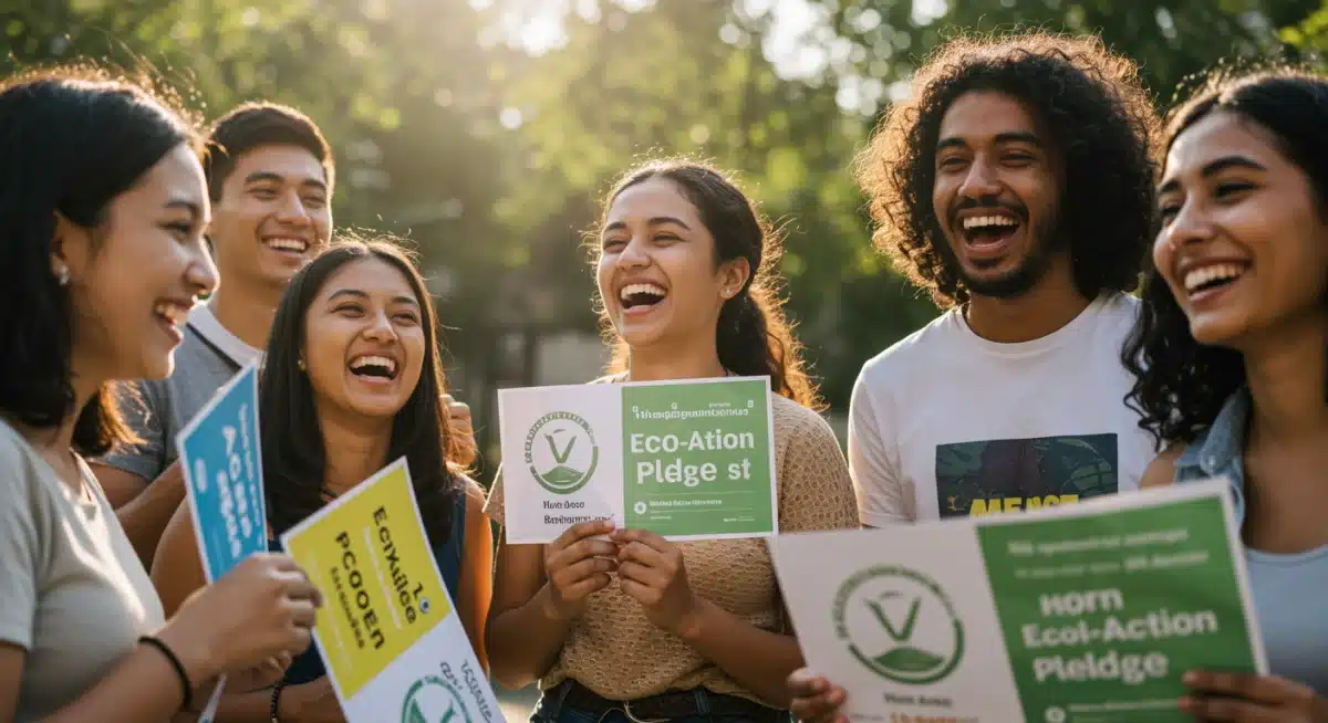 Participants excitedly fulfilling an eco-friendly viral challenge, demonstrating community involvement.