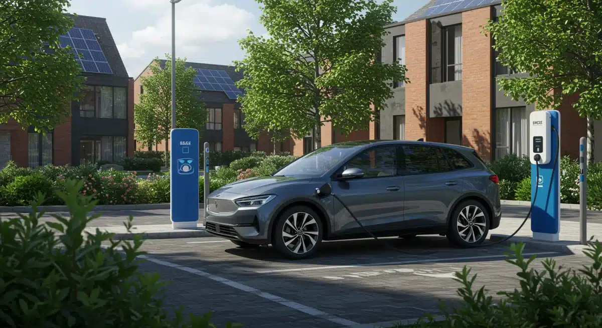 Electric car charging at a modern public station with solar panels