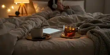 Person relaxing in bed with headphones, listening to an evening wind-down podcast.