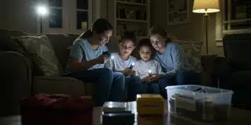 Family preparing for natural disaster with emergency kit and flashlights in US home.