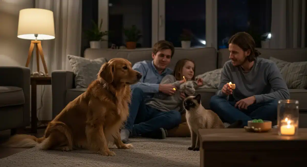 Family bonding with Golden Retriever and Siamese cat at home.