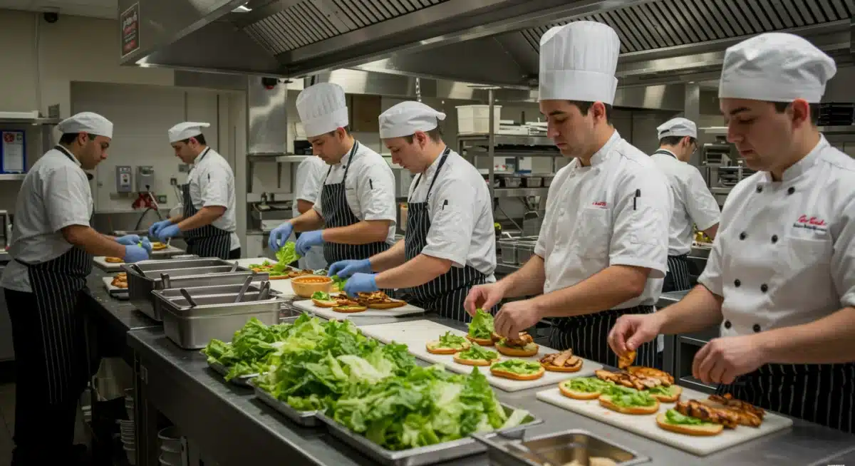 Fast food kitchen staff preparing a new menu item with fresh ingredients.