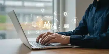 Professional working on laptop, surrounded by skill icons and money symbols.