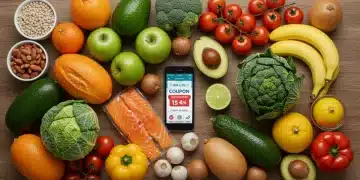 Overhead view of fresh groceries, smartphone with coupon app, and meal plan notebook on a wooden table.