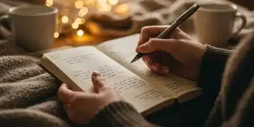 Person writing in a gratitude journal, focusing on daily appreciation for mental well-being