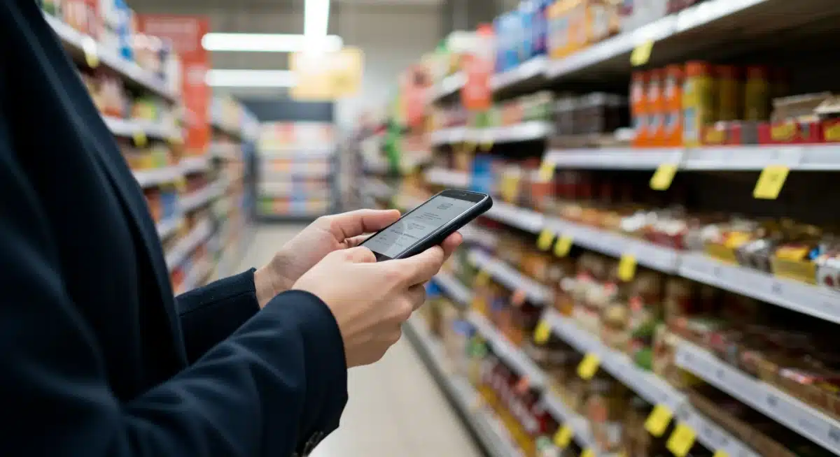 Person comparing grocery prices on phone in supermarket aisle.