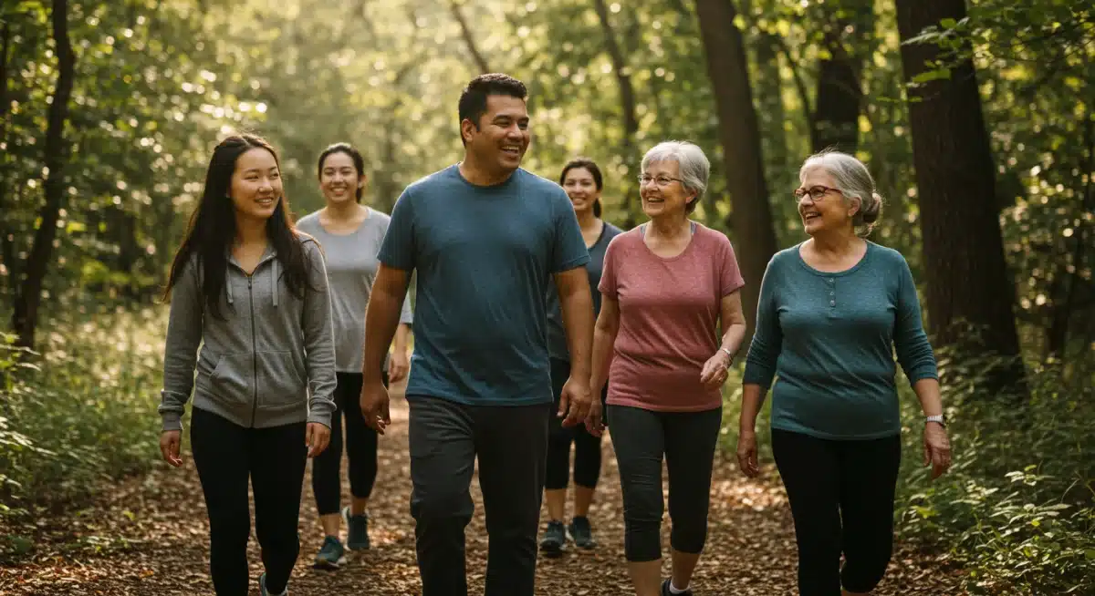 People walking happily on a forest trail, enjoying a group outdoor activity.