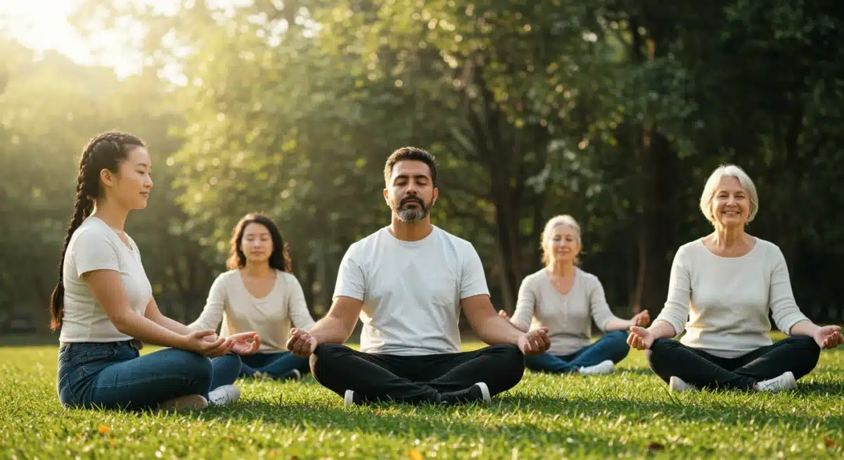 Diverse group meditating, fostering positive mental practices.
