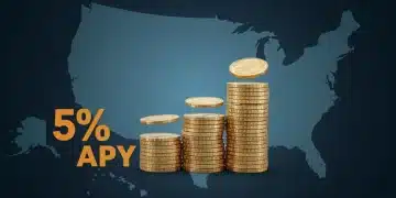 Illustration of growing money stack with 5% APY, representing high-yield savings growth in the USA.