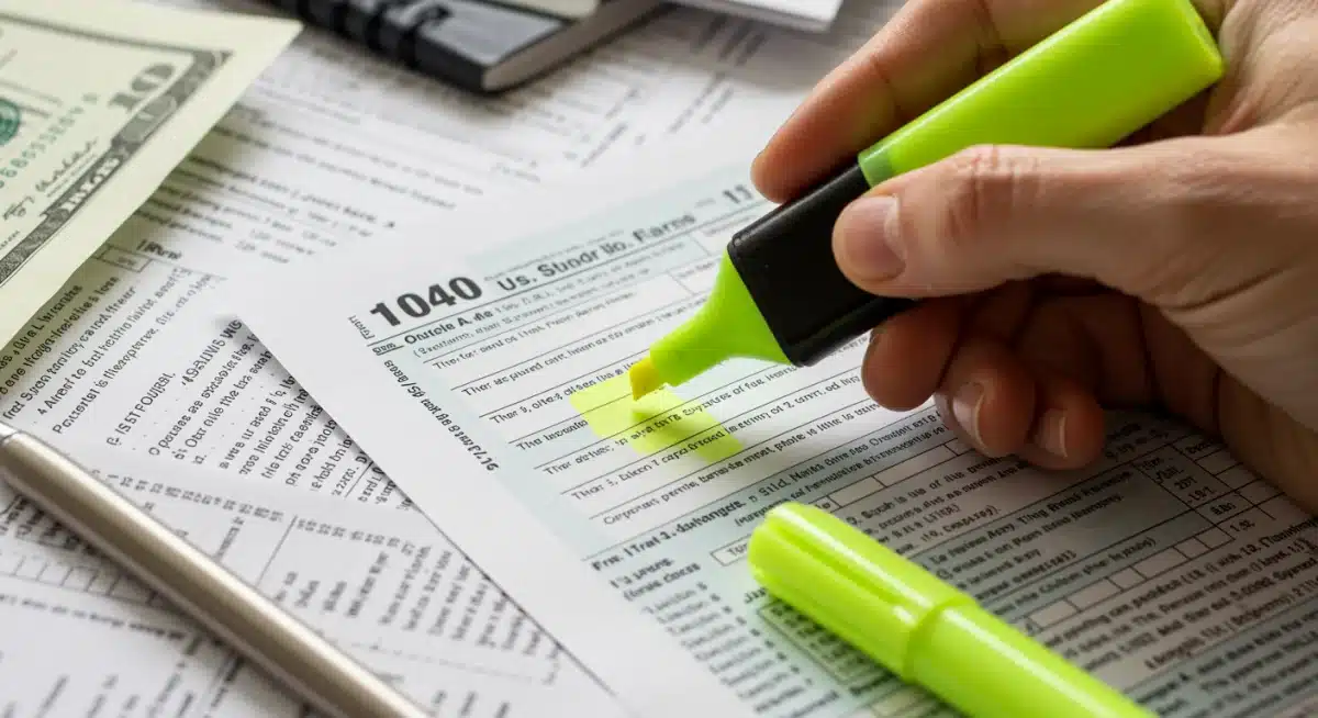 Hand highlighting deductions on 2025 tax form