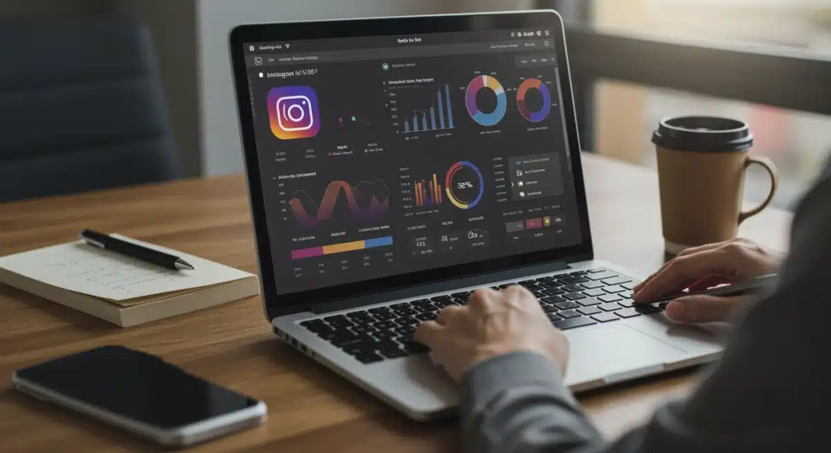 Influencer analyzing Instagram performance metrics on a laptop