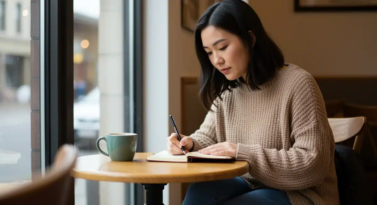 Person journaling in a cafe, reflecting on thoughts and feelings