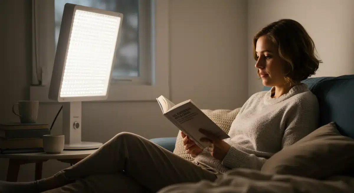 Person using light therapy lamp for seasonal affective disorder treatment