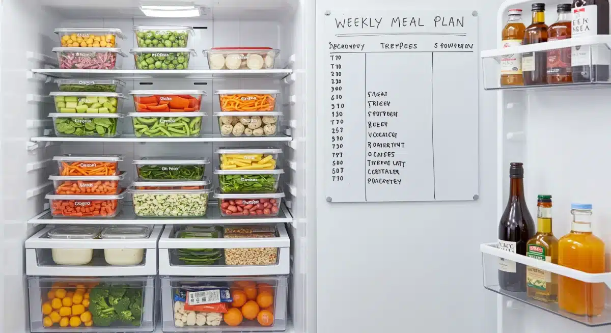 Organized refrigerator with meal prepped food and weekly meal plan.