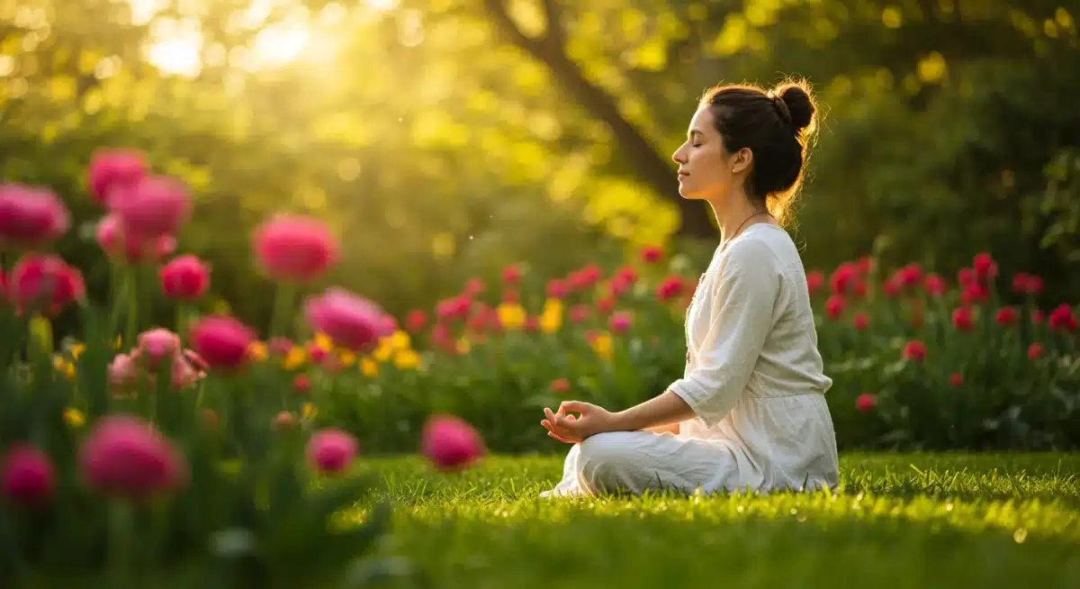 Person meditating in a garden, practicing mindful self-care